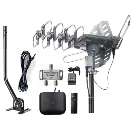 McDuory Outdoor Amplified Digital Antenna 150 Mile HDTV Antenna - 360 Degree Rotation with Infrared Control - High Performance in UHF/VHF- 40 Feet RG6 Cable/Mounting Pole/2-Way Splitter Included