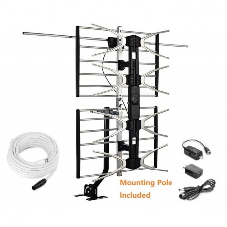McDuory Digital HDTV Outdoor Amplified Antenna - 150 Miles Range - Mounting Pole & 40FT RG6 Coaxial Cable Included - Optimized Performance in UHF & VHF - Tools Free Installation