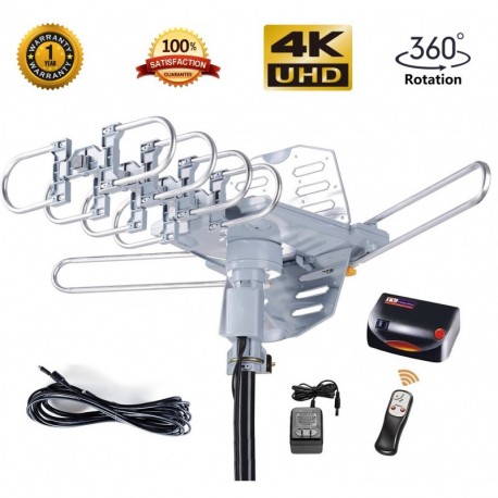 McDuory Amplified Outdoor HDTV Antenna 150 Miles Long Range - 360 Degree Rotation Remote Control - Snap On Element - UHF and VHF